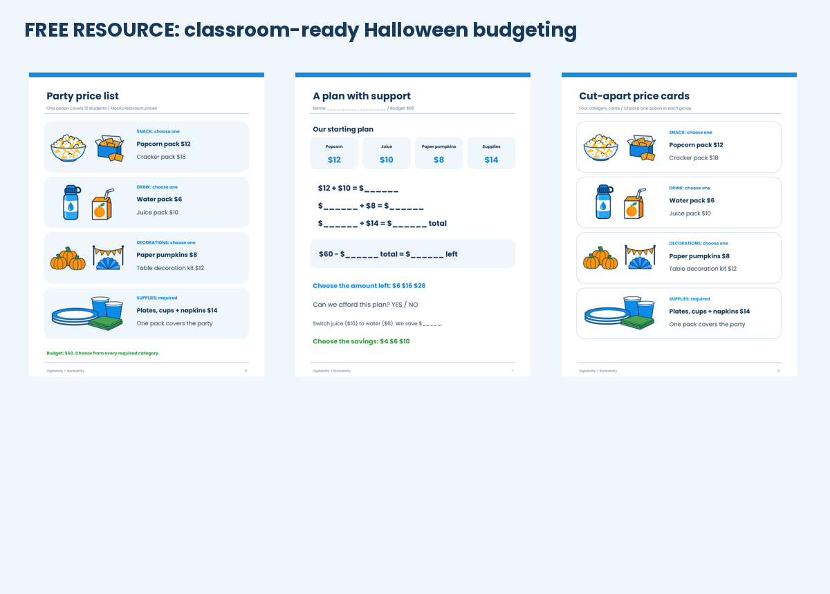 Free resource preview showing the independent budget, supported practice, and price cards